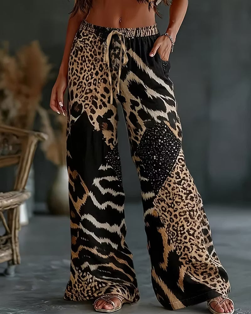 Elfrida - Soft-Touch Leopard Patchwork Wide-Leg Trousers