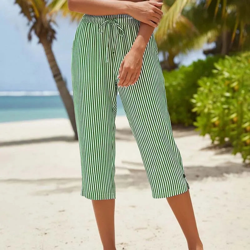 Roselina - Striped Drawstring Capri Trousers