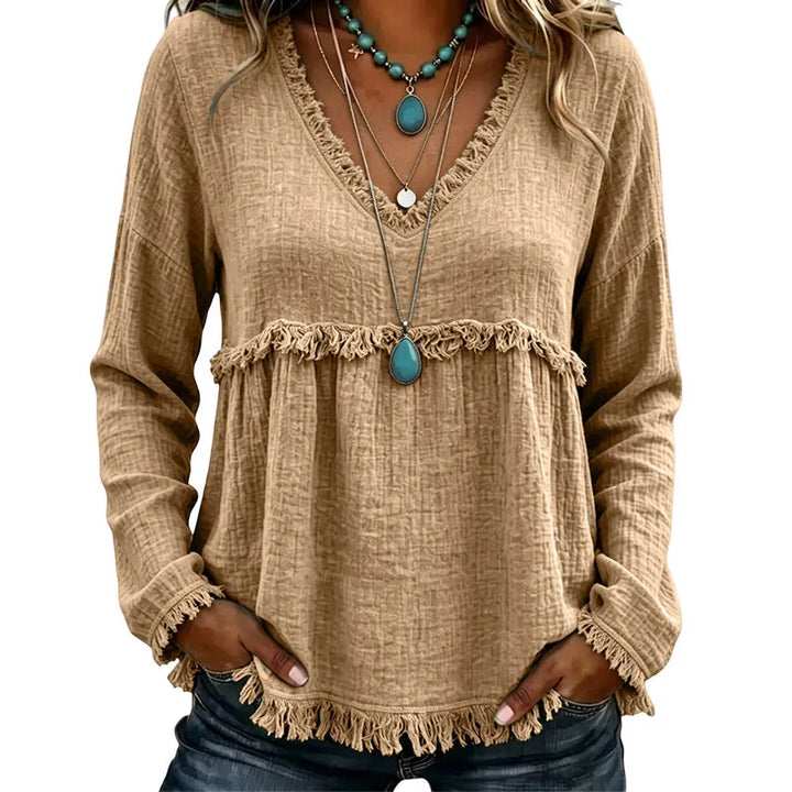 Ariselle - Fringe Trim V-Neck Blouse