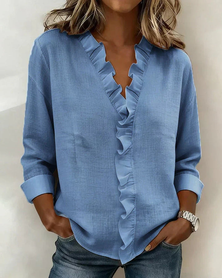 Brinae - Soft-Touch Long-Sleeve Ruffled V-Neck Blouse