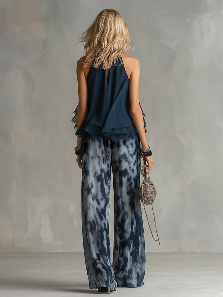 Norelda - Elegant High-Neck Top & Wide-Leg Trousers Set