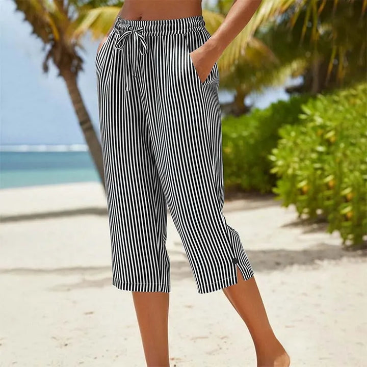 Roselina - Striped Drawstring Capri Trousers