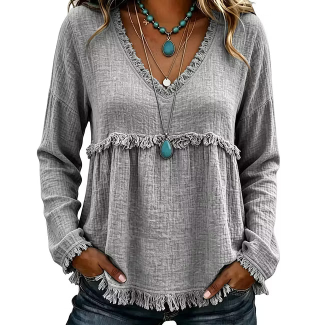 Ariselle - Fringe Trim V-Neck Blouse