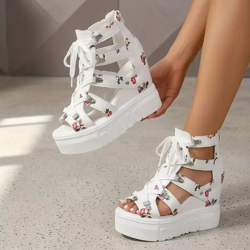 Gaelina - Floral Lace Up Platform Sandals