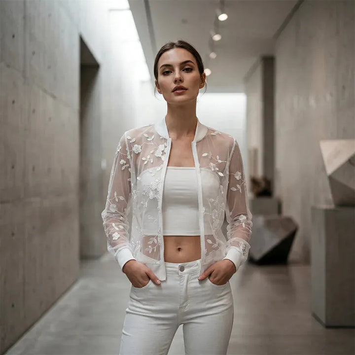 Aderisse - Sheer Floral Zip Cardigan