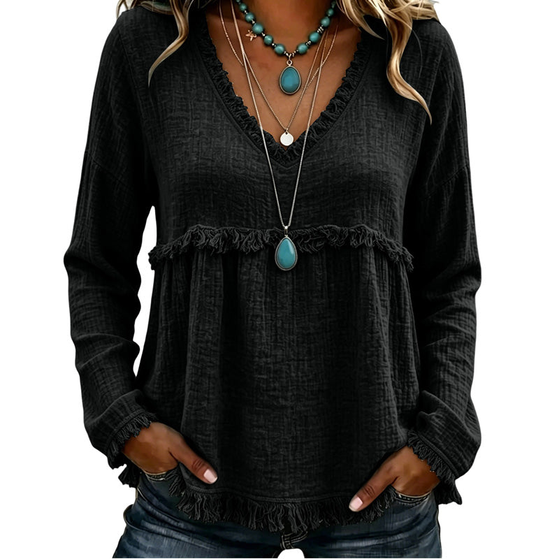 Ariselle - Fringe Trim V-Neck Blouse