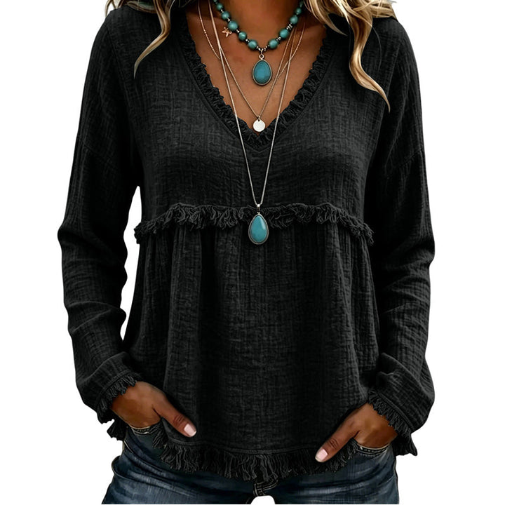 Ariselle - Fringe Trim V-Neck Blouse