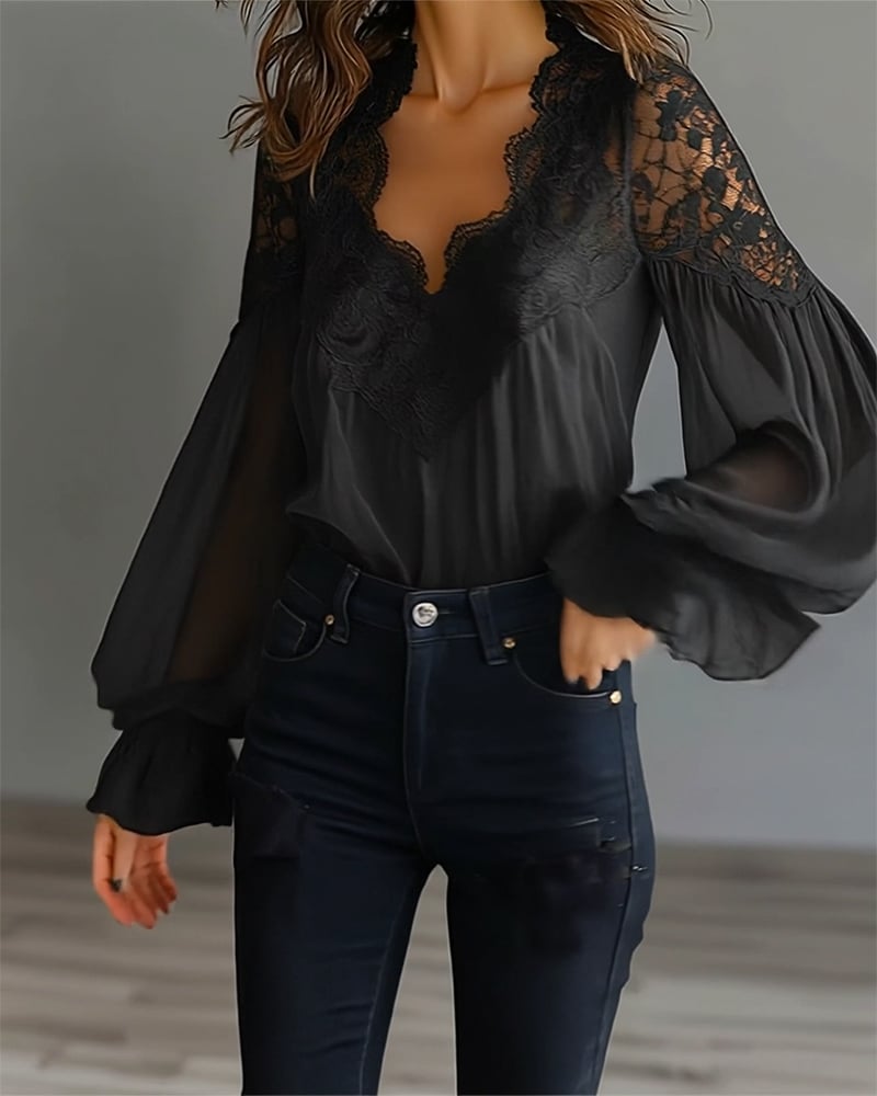 Celinrae - V-Neck Lace Long Sleeve Blouse