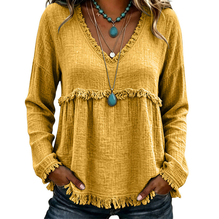 Ariselle - Fringe Trim V-Neck Blouse