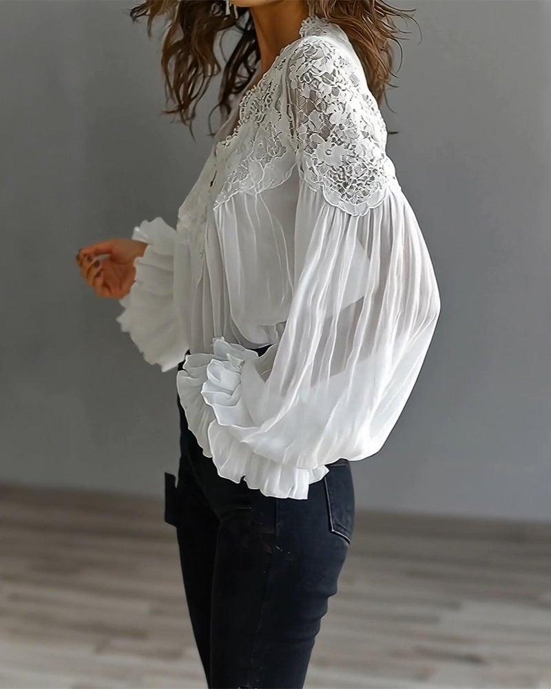 Celinrae - V-Neck Lace Long Sleeve Blouse
