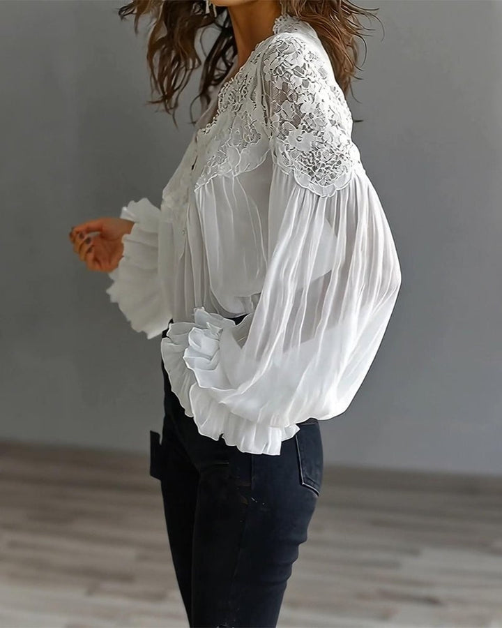 Celinrae - V-Neck Lace Long Sleeve Blouse