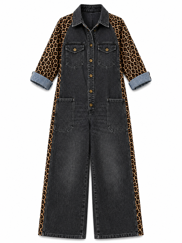 Annalise - Leopard Panel Denim Wide Leg Jumpsuit
