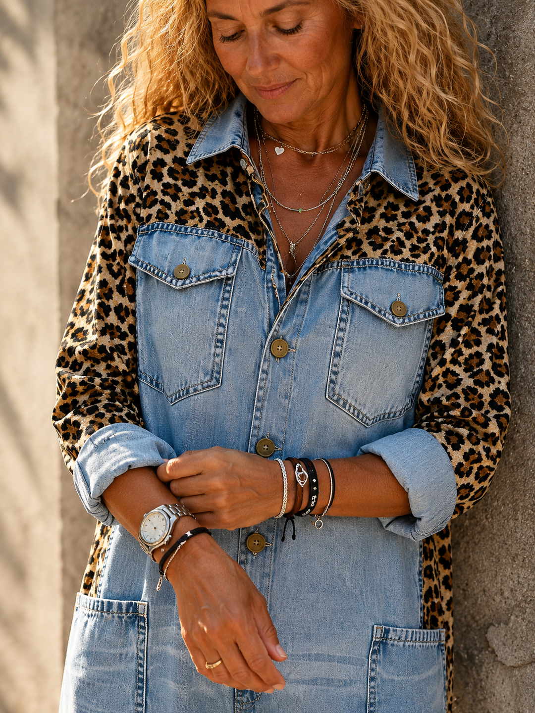 Annalise - Leopard Panel Denim Wide Leg Jumpsuit