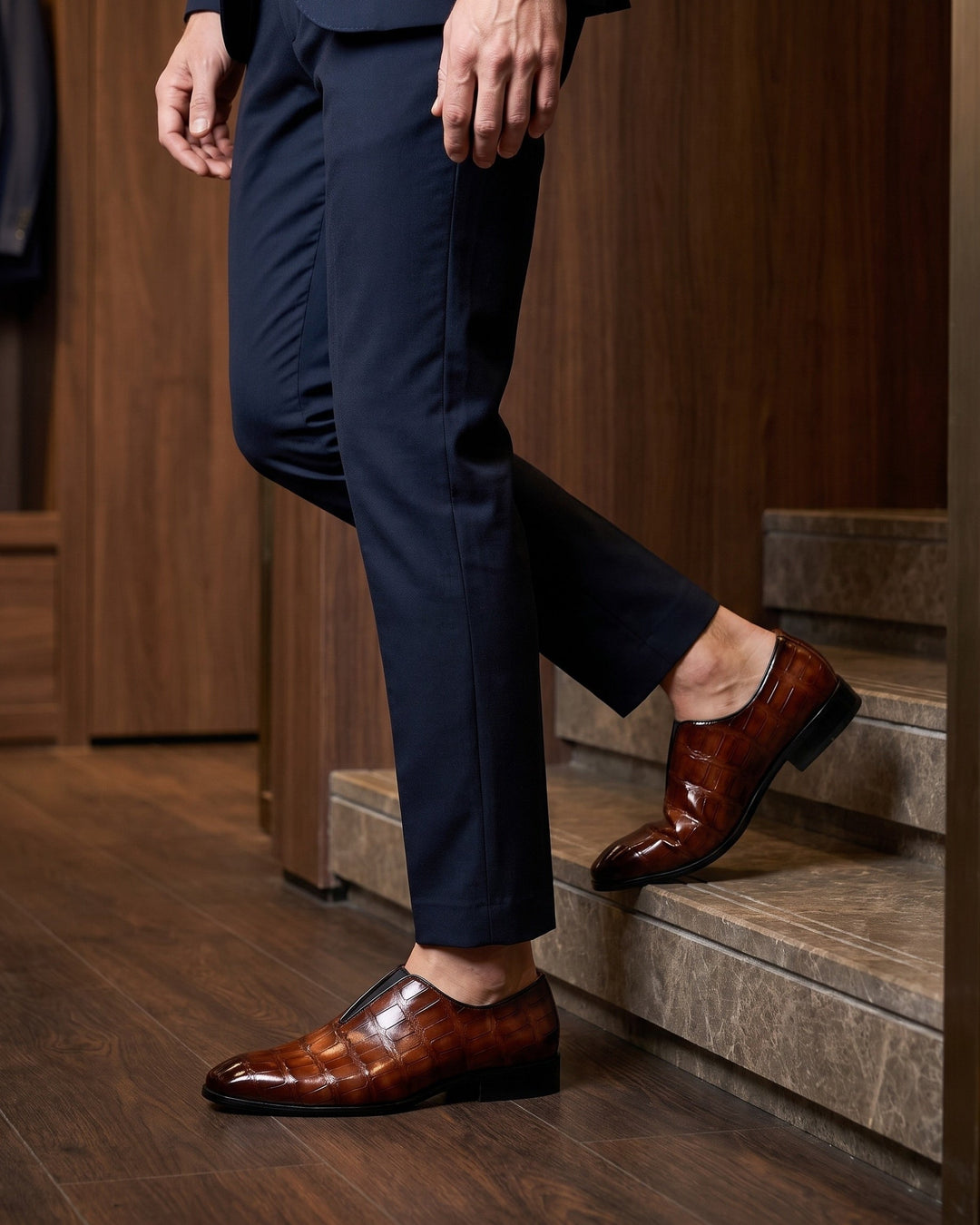 Denton - Burnished Croc-Effect Slip-On Loafers