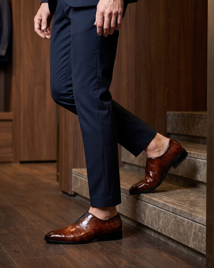 Denton - Burnished Croc-Effect Slip-On Loafers