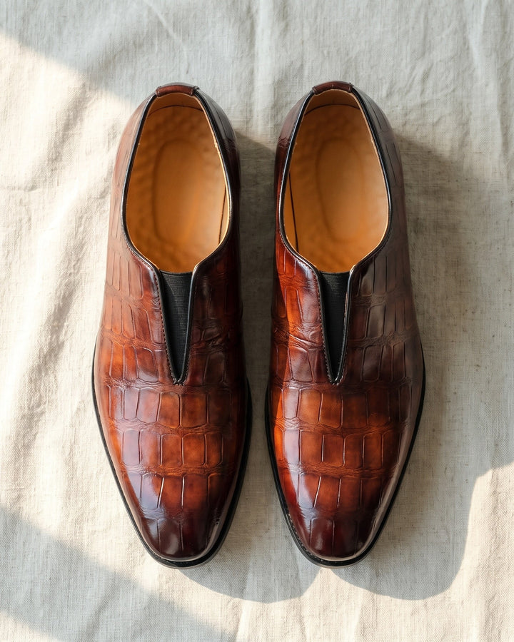 Denton - Burnished Croc-Effect Slip-On Loafers
