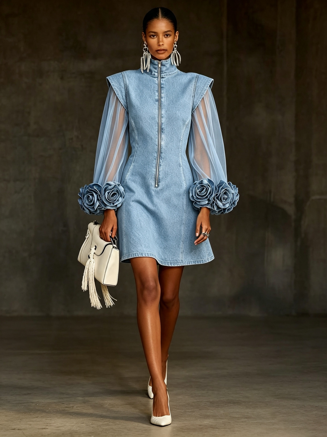 Amelie - Structured Sheer-Sleeve Mini Dress